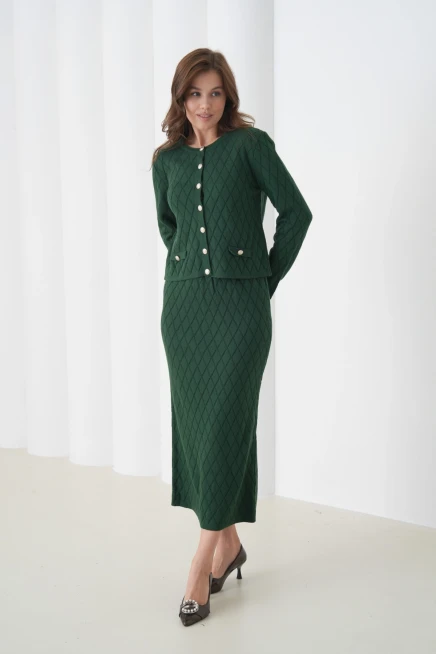 Kadın Bisiklet Yaka Düğme Detay Desenli Ceket Etek İkili Triko Takım