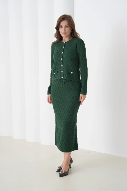 Kadın Bisiklet Yaka Düğme Detay Desenli Ceket Etek İkili Triko Takım