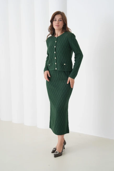 Kadın Bisiklet Yaka Düğme Detay Desenli Ceket Etek İkili Triko Takım