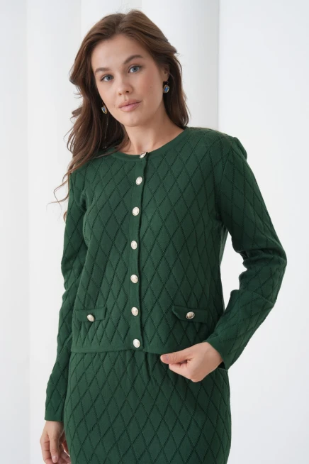 Kadın Bisiklet Yaka Düğme Detay Desenli Ceket Etek İkili Triko Takım