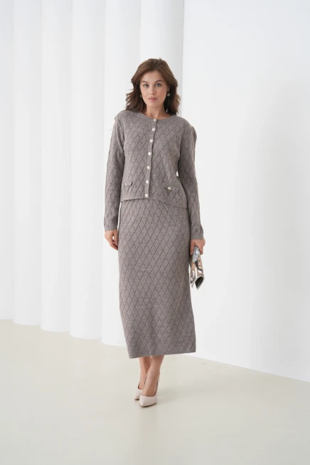 Kadın Bisiklet Yaka Düğme Detay Desenli Ceket Etek İkili Triko Takım