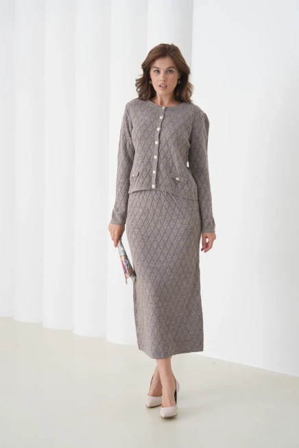 Kadın Bisiklet Yaka Düğme Detay Desenli Ceket Etek İkili Triko Takım