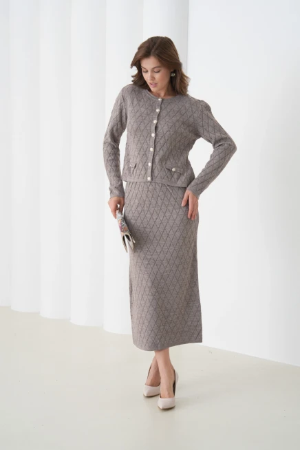 Kadın Bisiklet Yaka Düğme Detay Desenli Ceket Etek İkili Triko Takım