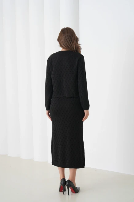 Kadın Bisiklet Yaka Düğme Detay Desenli Ceket Etek İkili Triko Takım