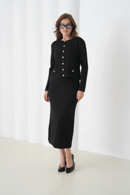 Kadın Bisiklet Yaka Düğme Detay Desenli Ceket Etek İkili Triko Takım