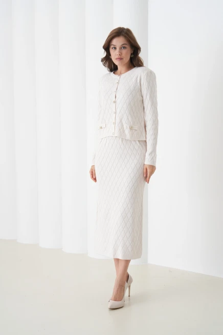 Kadın Bisiklet Yaka Düğme Detay Desenli Ceket Etek İkili Triko Takım