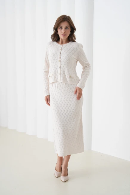 Kadın Bisiklet Yaka Düğme Detay Desenli Ceket Etek İkili Triko Takım