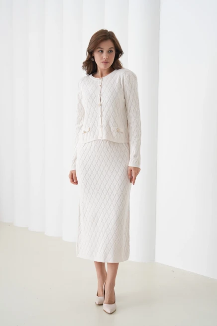 Kadın Bisiklet Yaka Düğme Detay Desenli Ceket Etek İkili Triko Takım