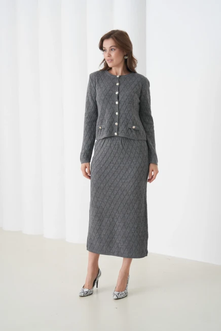 Kadın Bisiklet Yaka Düğme Detay Desenli Ceket Etek İkili Triko Takım