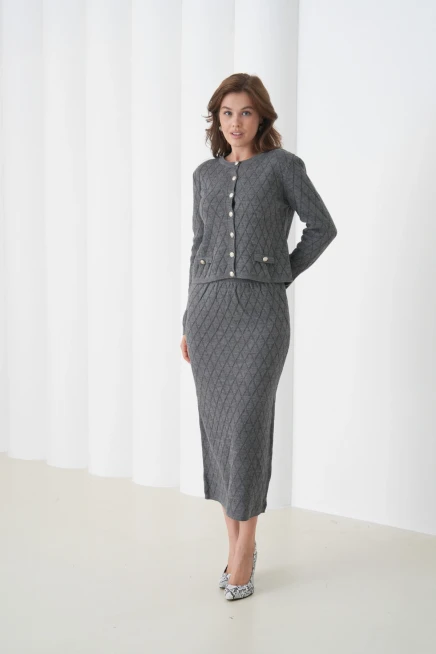 Kadın Bisiklet Yaka Düğme Detay Desenli Ceket Etek İkili Triko Takım