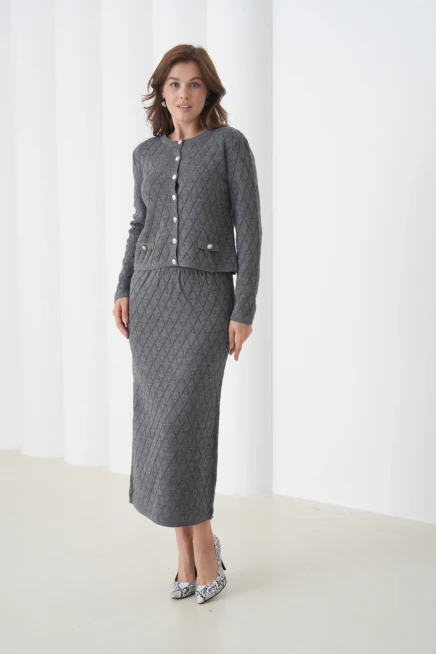 Kadın Bisiklet Yaka Düğme Detay Desenli Ceket Etek İkili Triko Takım