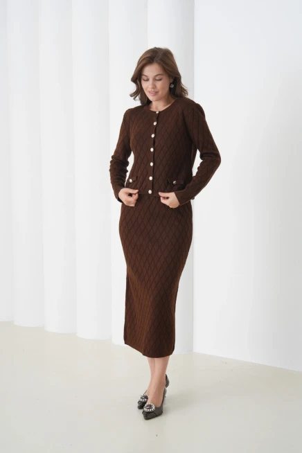 Kadın Bisiklet Yaka Düğme Detay Desenli Ceket Etek İkili Triko Takım