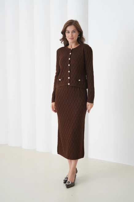 Kadın Bisiklet Yaka Düğme Detay Desenli Ceket Etek İkili Triko Takım