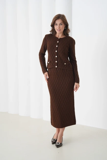 Kadın Bisiklet Yaka Düğme Detay Desenli Ceket Etek İkili Triko Takım