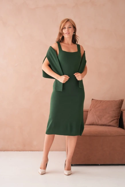 Kadın Bisiklet Yaka Düğme Detay Dokulu Ceket Elbise İkili Triko Takım