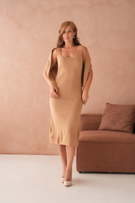 Kadın Bisiklet Yaka Düğme Detay Dokulu Ceket Elbise İkili Triko Takım