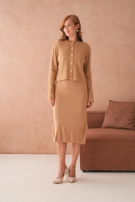 Kadın Bisiklet Yaka Düğme Detay Dokulu Ceket Elbise İkili Triko Takım