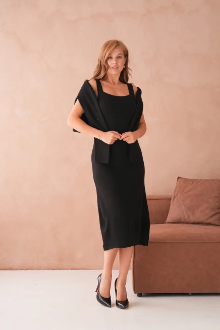 Kadın Bisiklet Yaka Düğme Detay Dokulu Ceket Elbise İkili Triko Takım