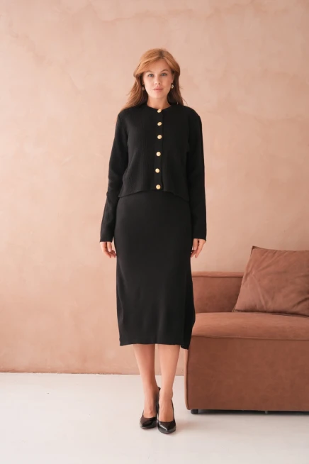 Kadın Bisiklet Yaka Düğme Detay Dokulu Ceket Elbise İkili Triko Takım