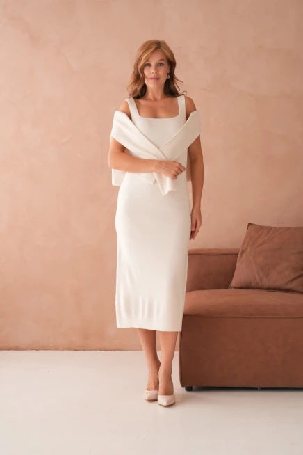 Kadın Bisiklet Yaka Düğme Detay Dokulu Ceket Elbise İkili Triko Takım