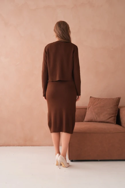 Kadın Bisiklet Yaka Düğme Detay Dokulu Ceket Elbise İkili Triko Takım