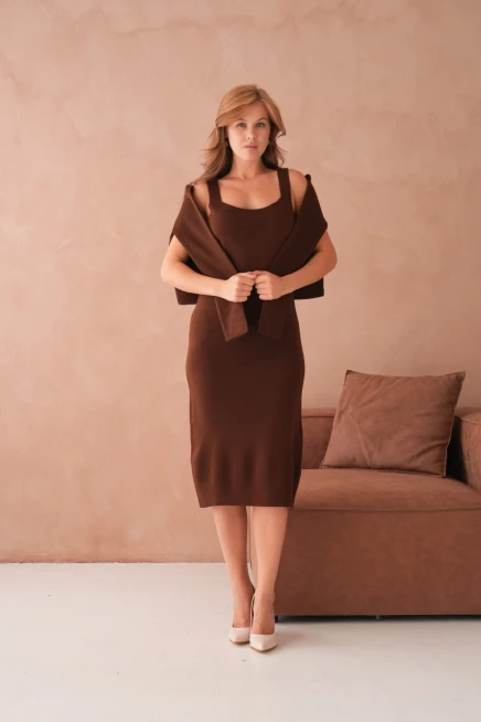 Kadın Bisiklet Yaka Düğme Detay Dokulu Ceket Elbise İkili Triko Takım