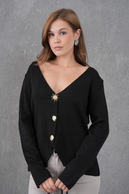 Kadın Bisiklet Yaka Düğme Detay Yumuşak Dokulu Triko Ceket 12315