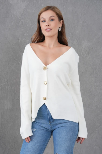 Kadın Bisiklet Yaka Düğme Detay Yumuşak Dokulu Triko Ceket 12315