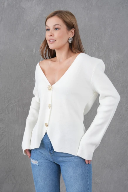 Kadın Bisiklet Yaka Düğme Detay Yumuşak Dokulu Triko Ceket 12315