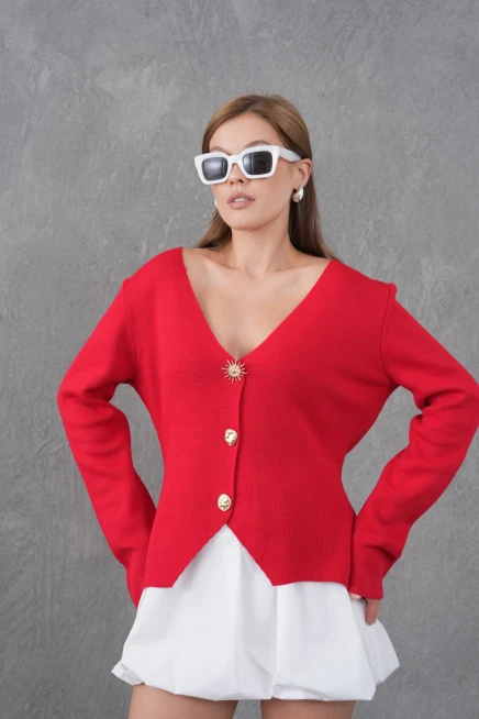 Kadın Bisiklet Yaka Düğme Detay Yumuşak Dokulu Triko Ceket 12315