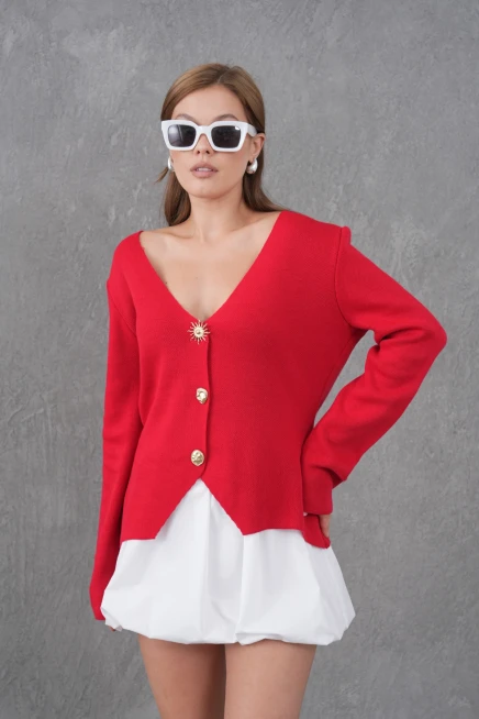 Kadın Bisiklet Yaka Düğme Detay Yumuşak Dokulu Triko Ceket 12315