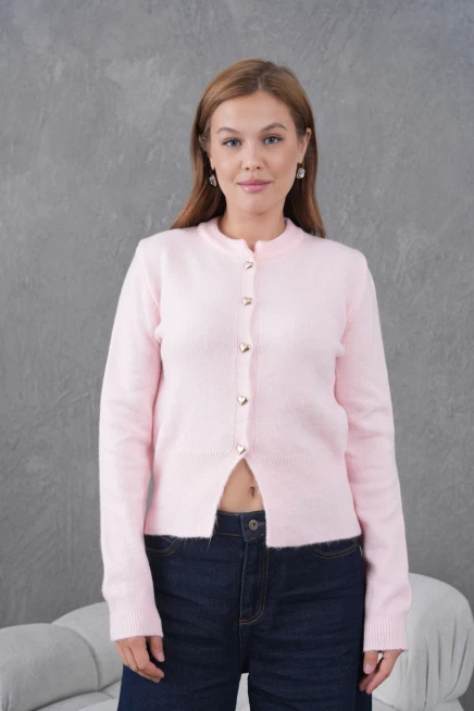 Kadın Bisiklet Yaka Düğme Detaylı Triko Hırka