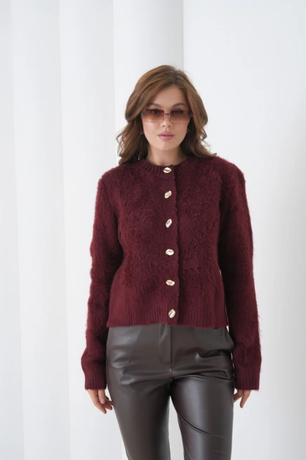 Kadın Bisiklet Yaka Düğme Detaylı Yumuşak Dokulu Şardonlu Triko Ceket