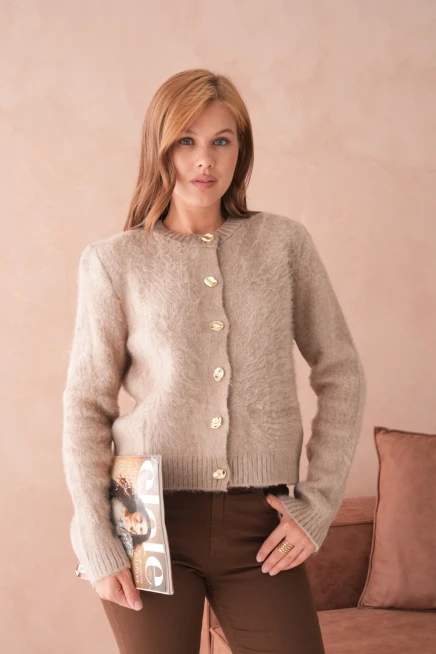 Kadın Bisiklet Yaka Düğme Detaylı Yumuşak Dokulu Şardonlu Triko Ceket