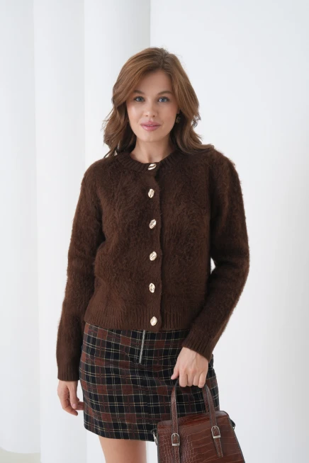 Kadın Bisiklet Yaka Düğme Detaylı Yumuşak Dokulu Şardonlu Triko Ceket