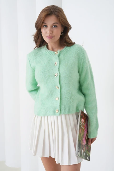 Kadın Bisiklet Yaka Düğme Detaylı Yumuşak Dokulu Şardonlu Triko Ceket