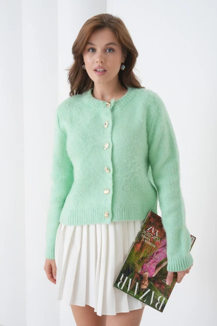 Kadın Bisiklet Yaka Düğme Detaylı Yumuşak Dokulu Şardonlu Triko Ceket