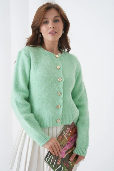 Kadın Bisiklet Yaka Düğme Detaylı Yumuşak Dokulu Şardonlu Triko Ceket