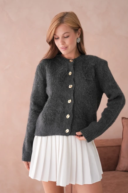 Kadın Bisiklet Yaka Düğme Detaylı Yumuşak Dokulu Şardonlu Triko Ceket