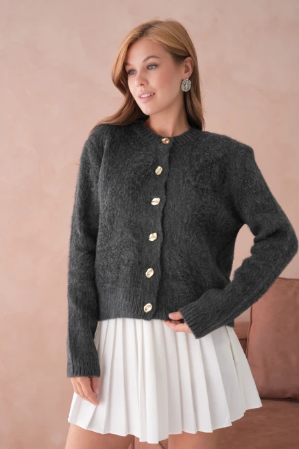 Kadın Bisiklet Yaka Düğme Detaylı Yumuşak Dokulu Şardonlu Triko Ceket