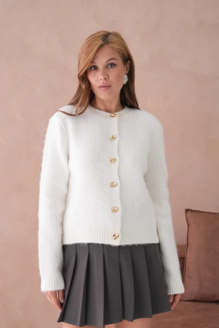 Kadın Bisiklet Yaka Düğme Detaylı Yumuşak Dokulu Şardonlu Triko Ceket