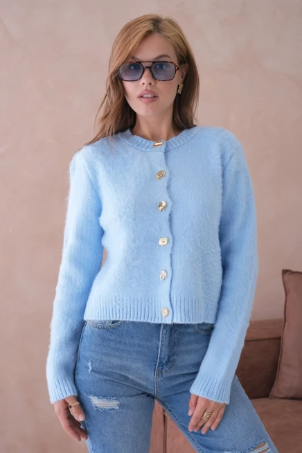 Kadın Bisiklet Yaka Düğme Detaylı Yumuşak Dokulu Şardonlu Triko Ceket