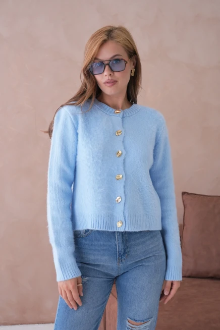 Kadın Bisiklet Yaka Düğme Detaylı Yumuşak Dokulu Şardonlu Triko Ceket