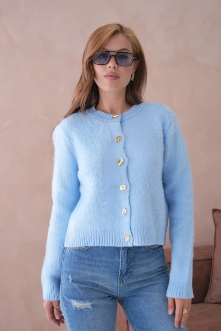 Kadın Bisiklet Yaka Düğme Detaylı Yumuşak Dokulu Şardonlu Triko Ceket