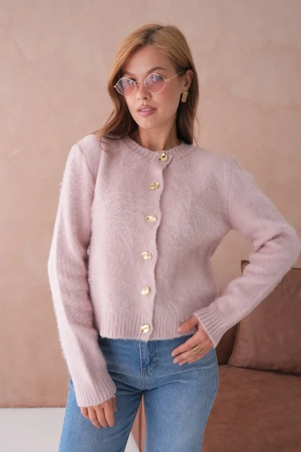 Kadın Bisiklet Yaka Düğme Detaylı Yumuşak Dokulu Şardonlu Triko Ceket