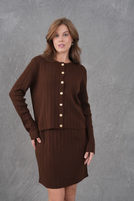 Kadın Bisiklet Yaka Düğme Kapama Ceket Etek İkili Triko Takım