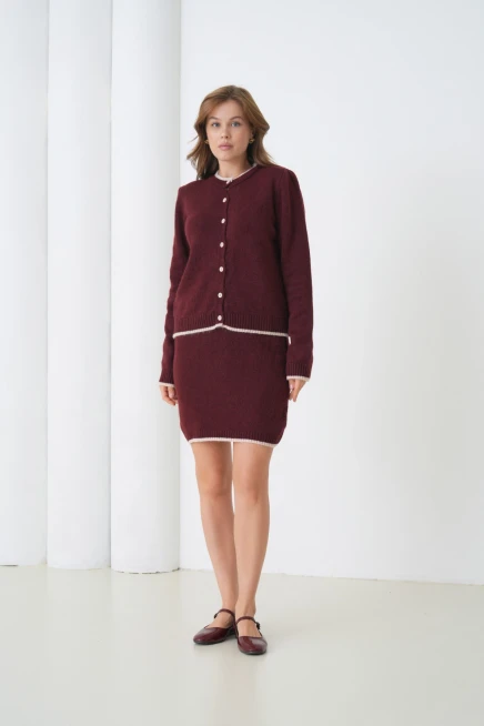 Kadın Bisiklet Yaka Düğme Kapama Ceket Etek İkili Triko Takım