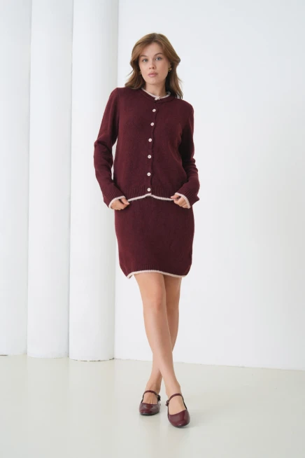 Kadın Bisiklet Yaka Düğme Kapama Ceket Etek İkili Triko Takım