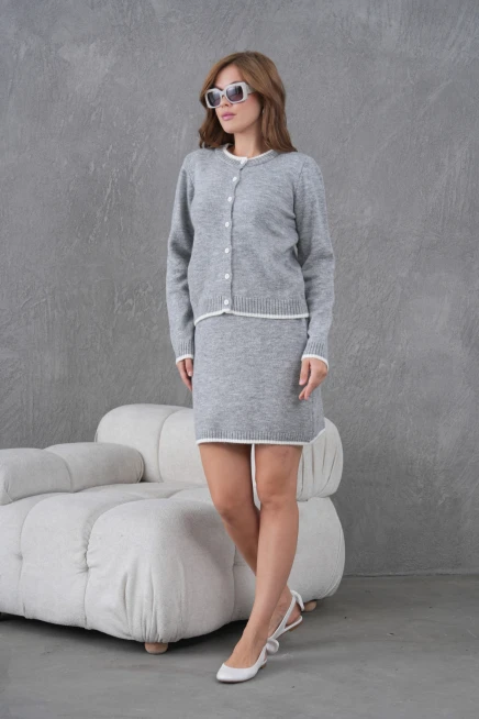 Kadın Bisiklet Yaka Düğme Kapama Ceket Etek İkili Triko Takım