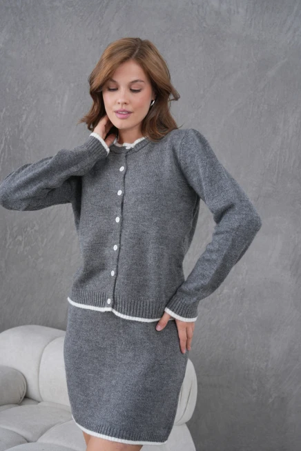 Kadın Bisiklet Yaka Düğme Kapama Ceket Etek İkili Triko Takım